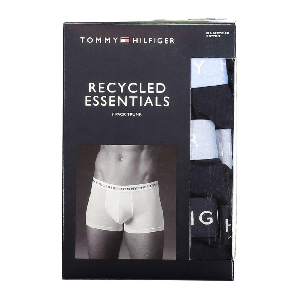 Tommy Hilfiger black cotton men trunk tri-pack, featuring elastic waistband with logo, 21% recycled material for comfort and style.
