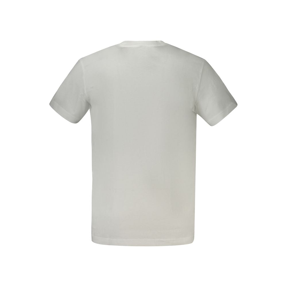 Back view of Calvin Klein white cotton men's T-shirt, showcasing crew neck design and soft fabric.