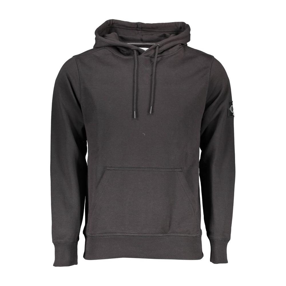 Calvin Klein black cotton men's sweater with hood, long sleeves, and central pocket, featuring iconic logo for sleek, modern style.