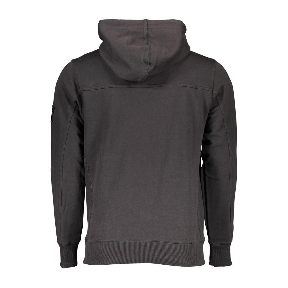 Back view of Calvin Klein black cotton men's sweater with hood and long sleeves, showcasing sleek design and urban style.