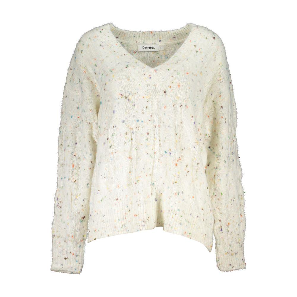Desigual Chic Contrast V-Neck Sweater with Logo Detail Desigual Light Gray