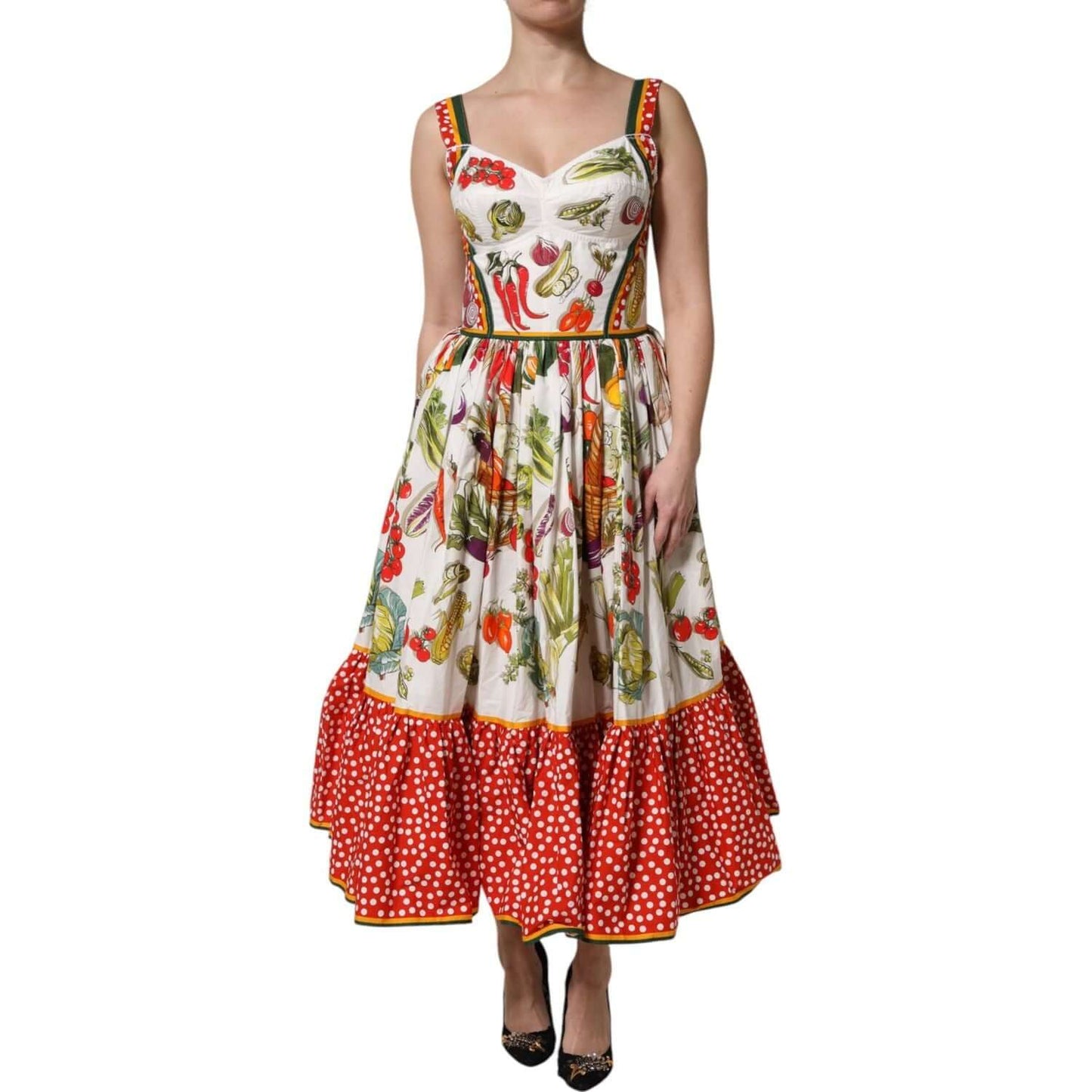 Dolce & Gabbana White Vegetables Sleeveless A-line Midi Dress
