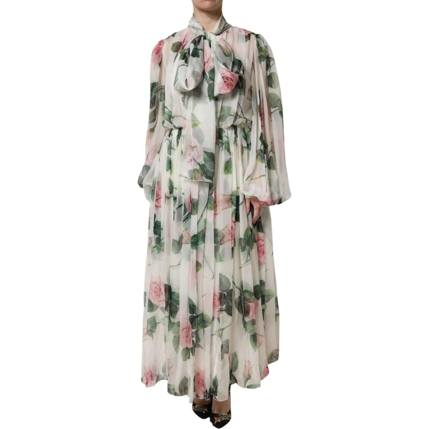 Dolce & Gabbana White Floral Roses Maxi Long Gown Dress