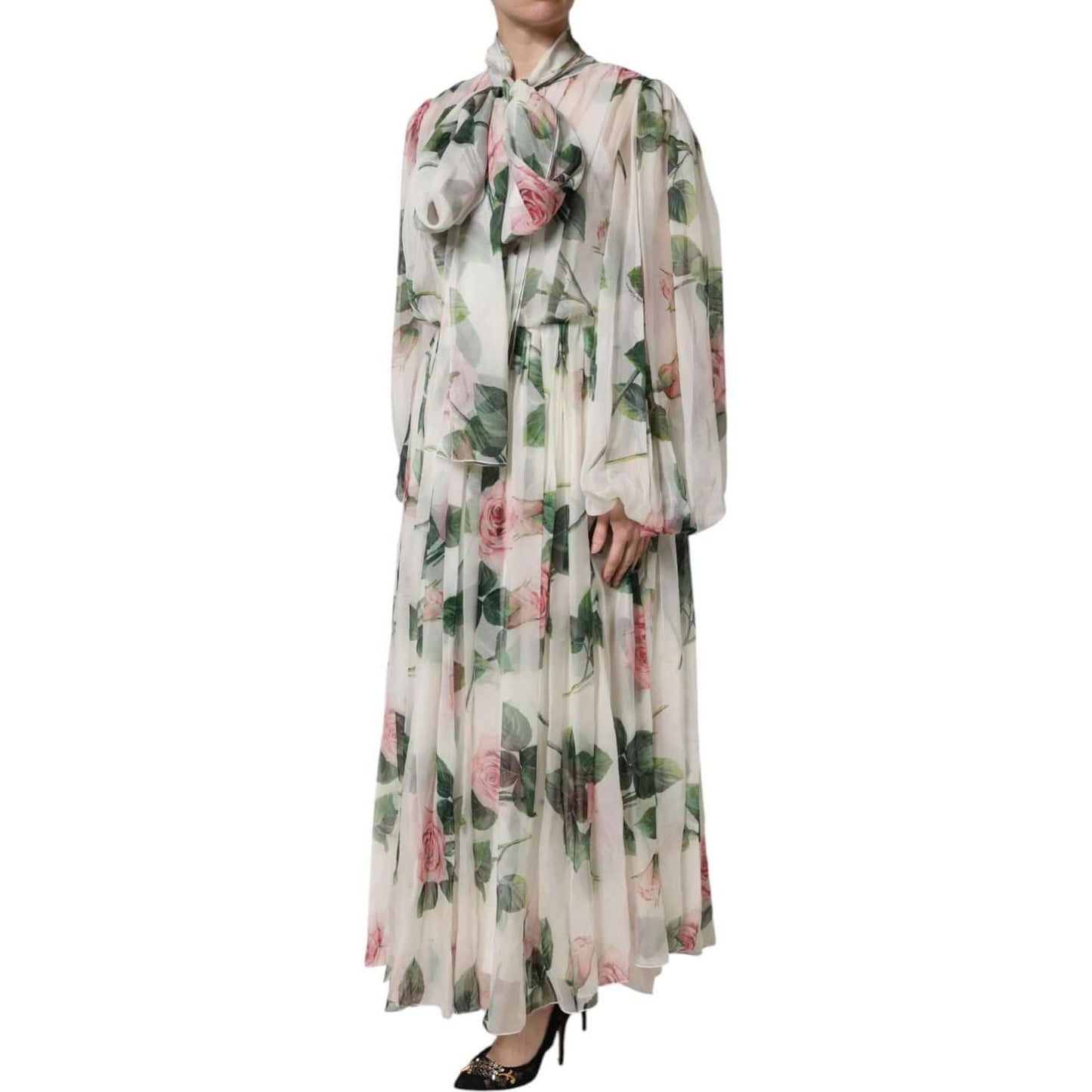 Dolce & Gabbana White Floral Roses Maxi Long Gown Dress