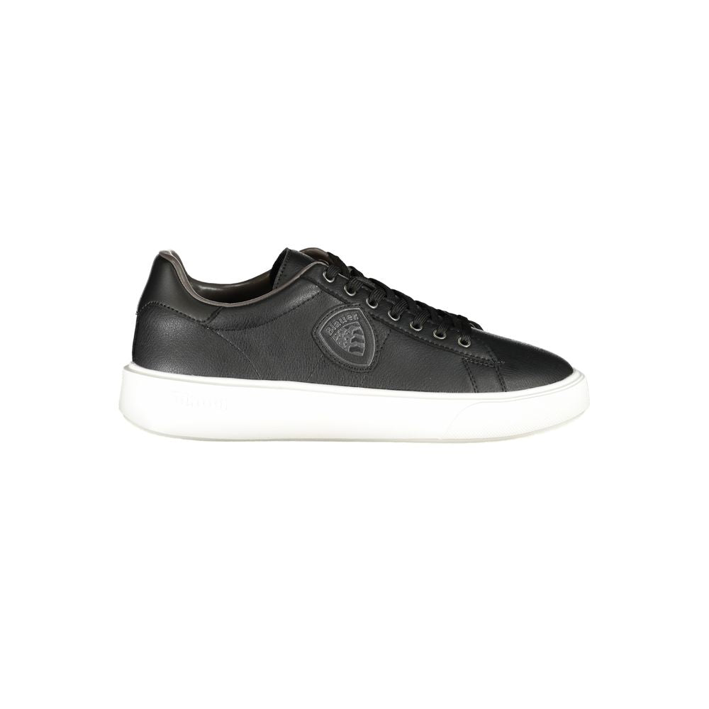 Blauer black leather men's sneaker with contrasting white sole, featuring edgy branding and sleek design for a stylish and athletic look.