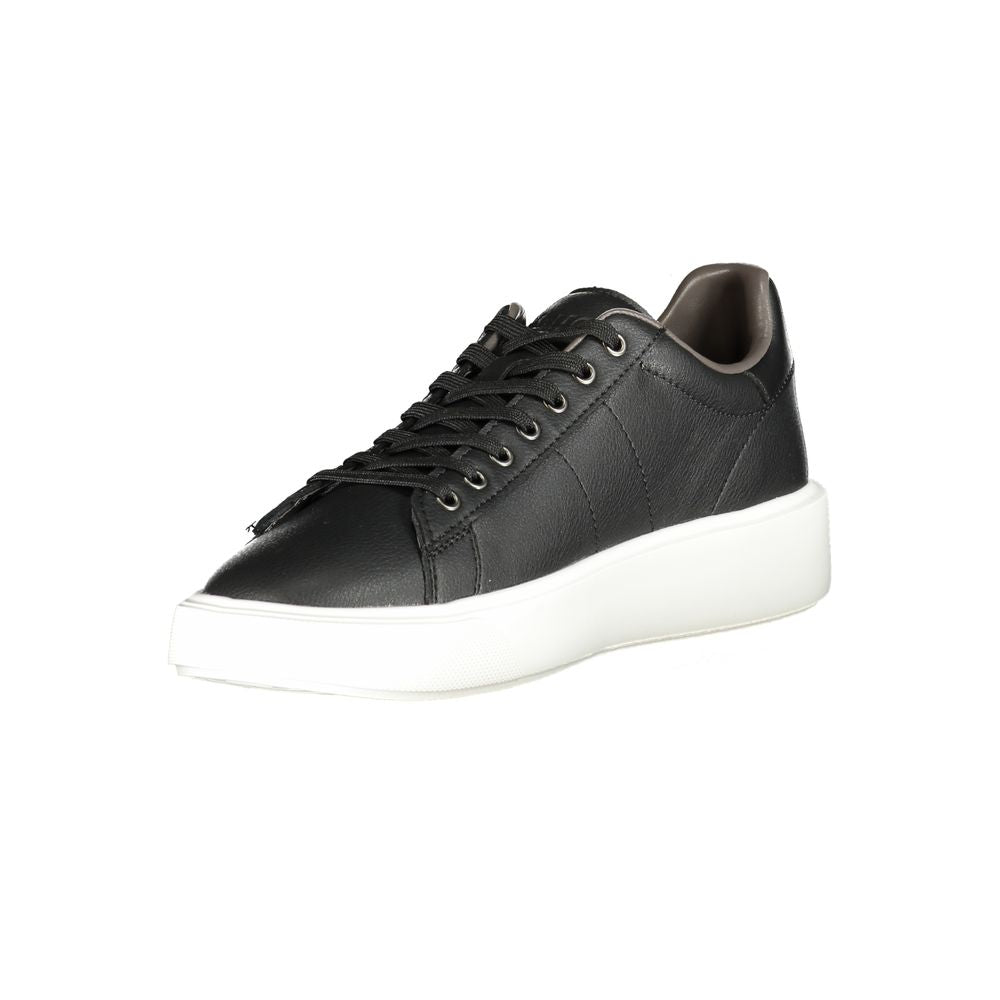 Blauer black leather men's sneaker with contrasting white sole and lace-up design, featuring bold print and iconic branding for style.