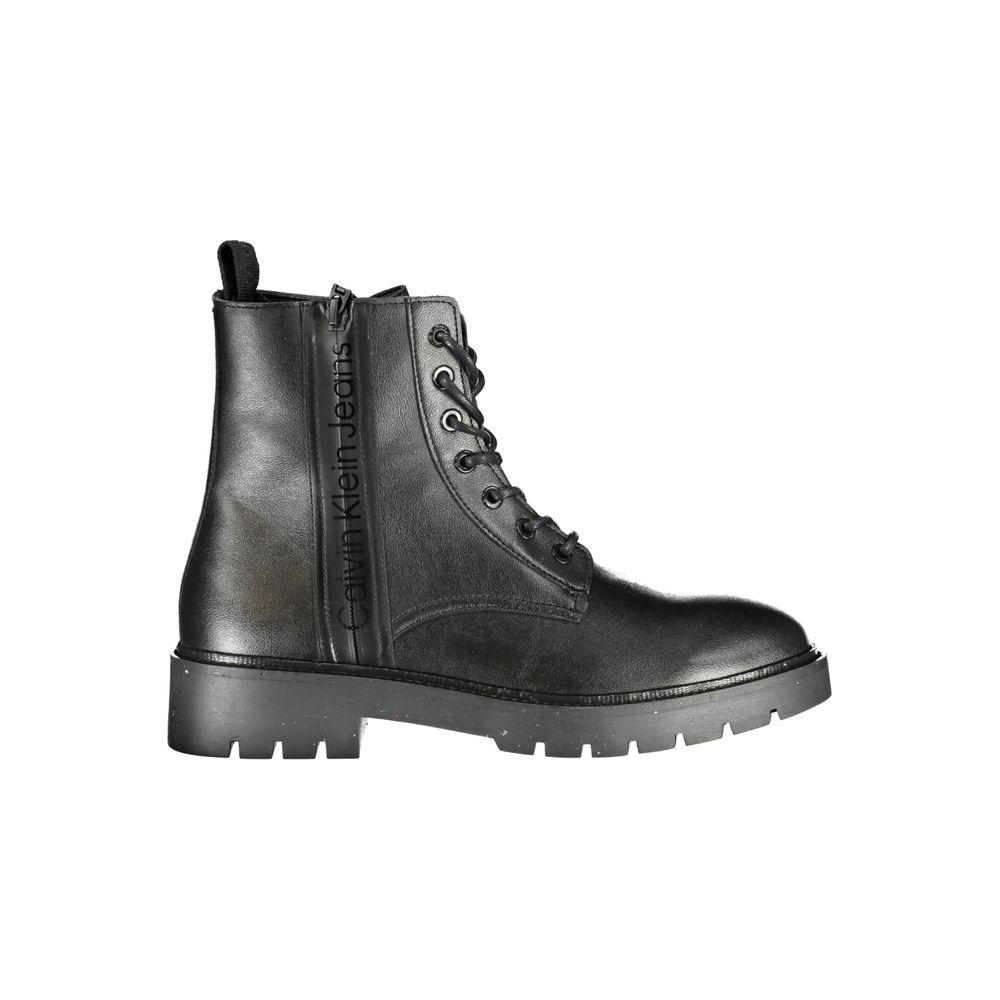Calvin Klein black ankle boots with lace-up design and side zip, featuring logo detail. Made in Portugal. 80% Polyethylene, 20% Polyester.