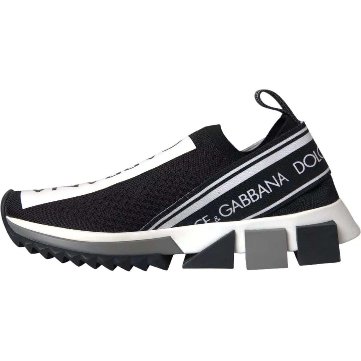 Dolce & Gabbana Sorrento black and white slip on sneakers with logo, rubber sole, and pull strap.