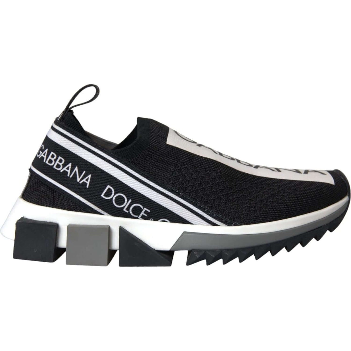 Dolce & Gabbana black and white Sorrento slip-on sneakers with logo print, rubber sole, and fabric pull strap.