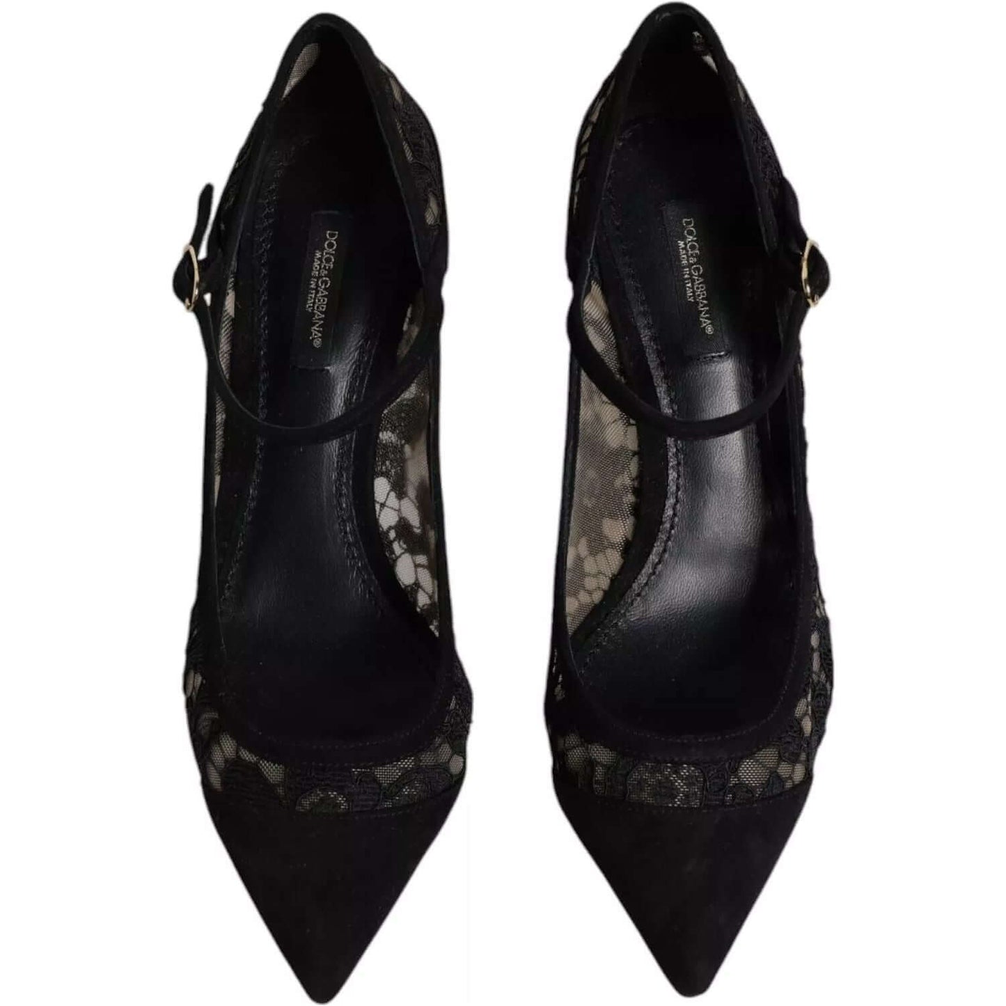 Dolce & Gabbana black Mary Jane Taormina lace pumps with logo details, showcasing luxury craftsmanship, top view.