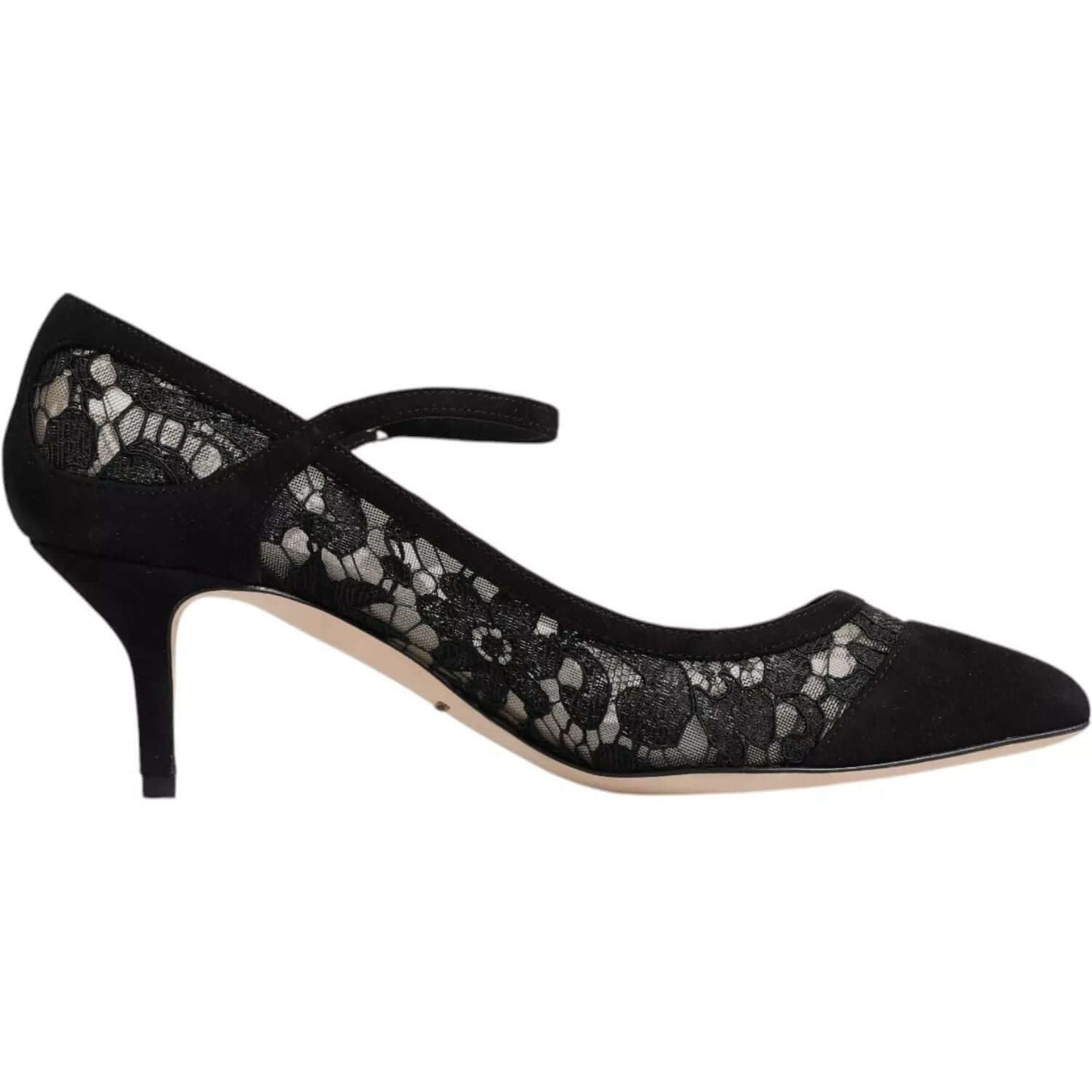 Dolce & Gabbana black Taormina lace Mary Jane pumps, elegant design with viscose-cotton blend, leather sole, made in Italy.