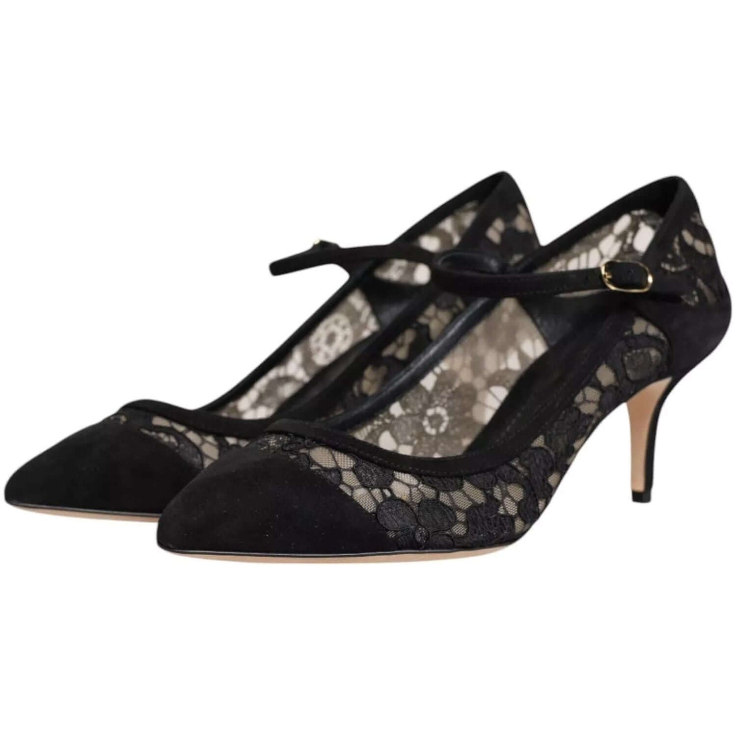 Dolce & Gabbana Black Mary Jane Taormina Lace Pumps with leather sole, logo details, made in Italy, elegant high heel shoes.