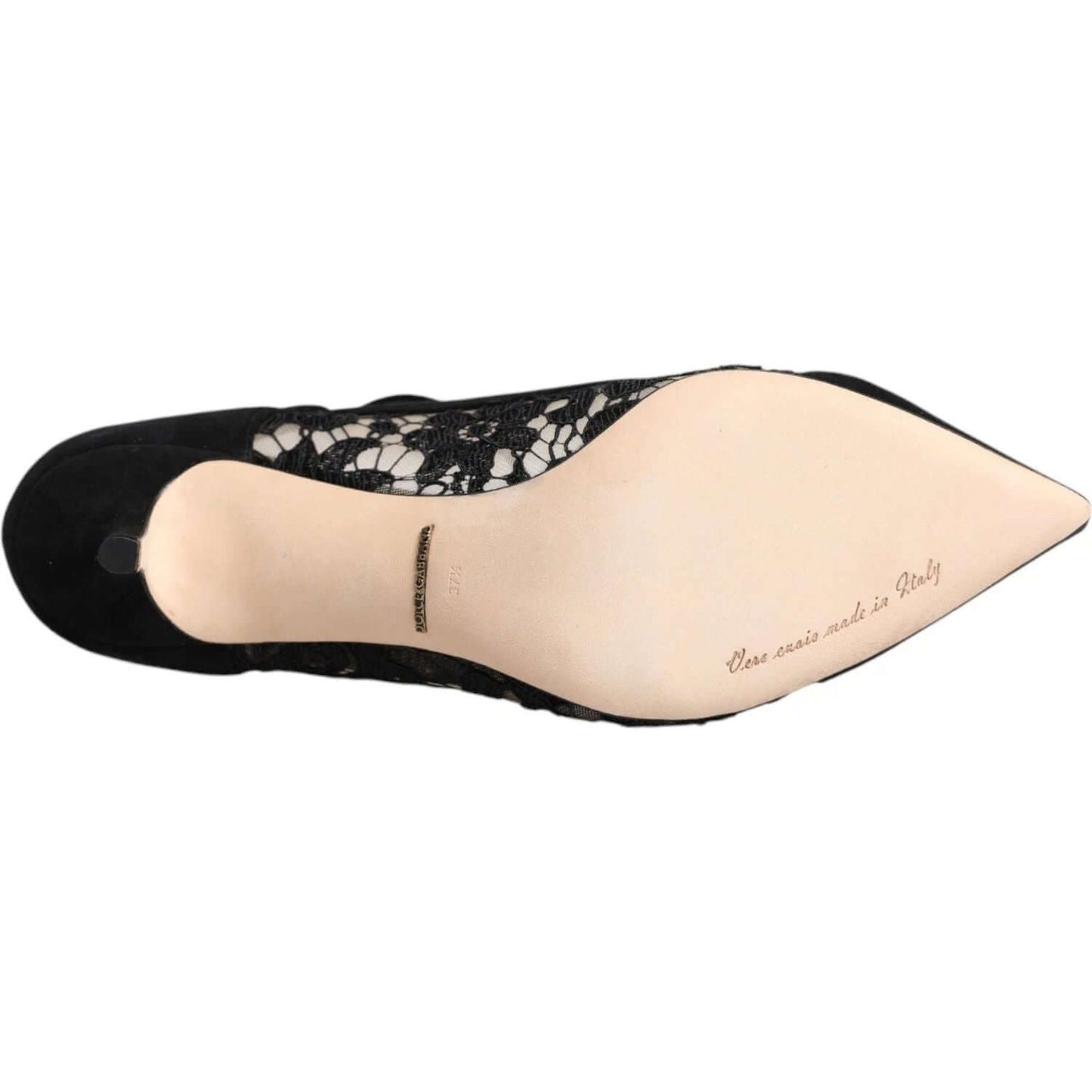 Alt Tag: Dolce & Gabbana Black Mary Jane Taormina Lace Pumps sole with Italian craftsmanship engraving.