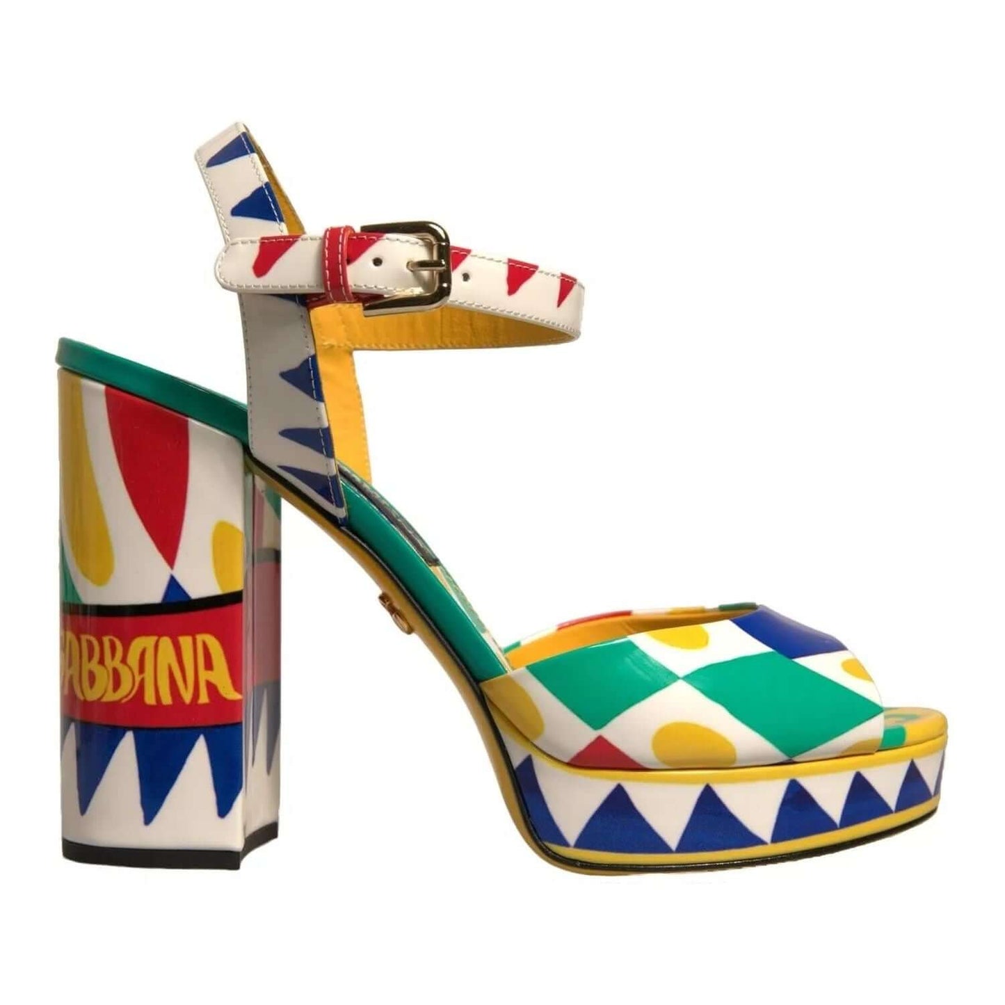 Dolce & Gabbana multicolor Carretto ankle strap heel sandal, 100% calf leather, vibrant geometric pattern, logo on block heel.