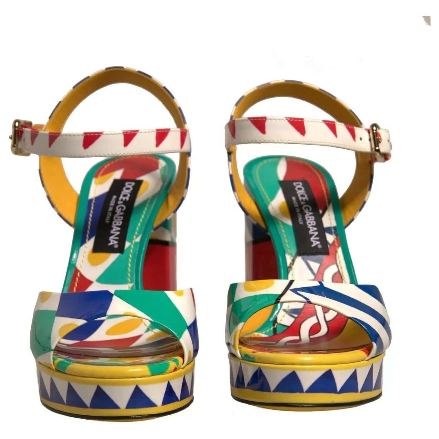 Front view of Dolce & Gabbana multicolor Carretto ankle strap heels sandals with mismatched sizes, featuring leather material and buckle closure.