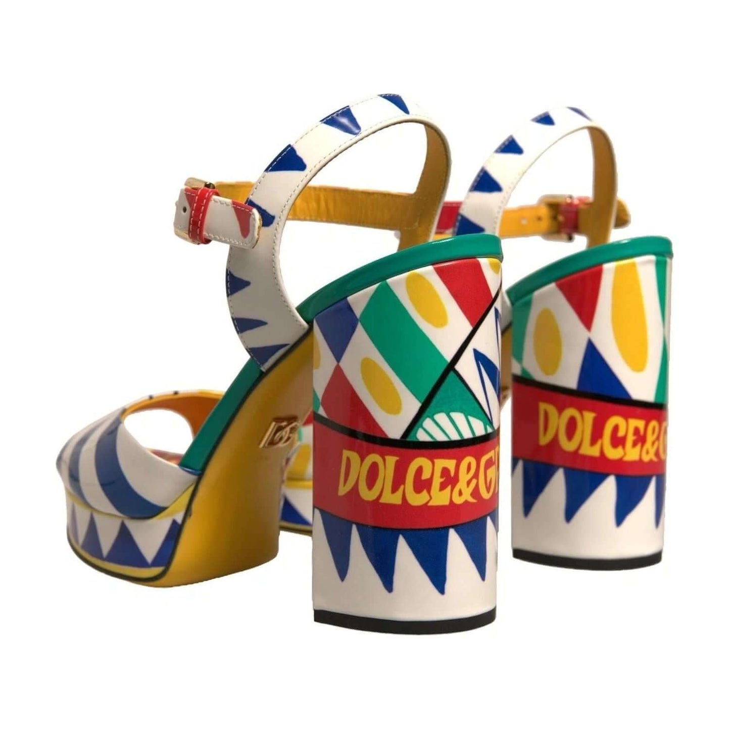 Dolce & Gabbana multicolor carretto ankle strap heels sandals, featuring vibrant patterns and logo detail, mismatched sizes 39.5 and 40.