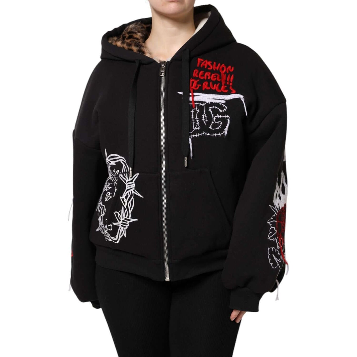Dolce & Gabbana black embroidered full zip hooded jacket, 100% cotton, regular fit, made in Italy, featuring exclusive craftsmanship.