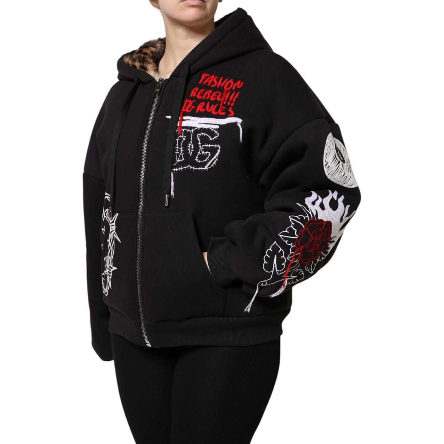 Dolce & Gabbana Black Embroidered Full Zip Hooded Jacket with Red and White Design, Regular Fit, 100% Cotton, Made in Italy