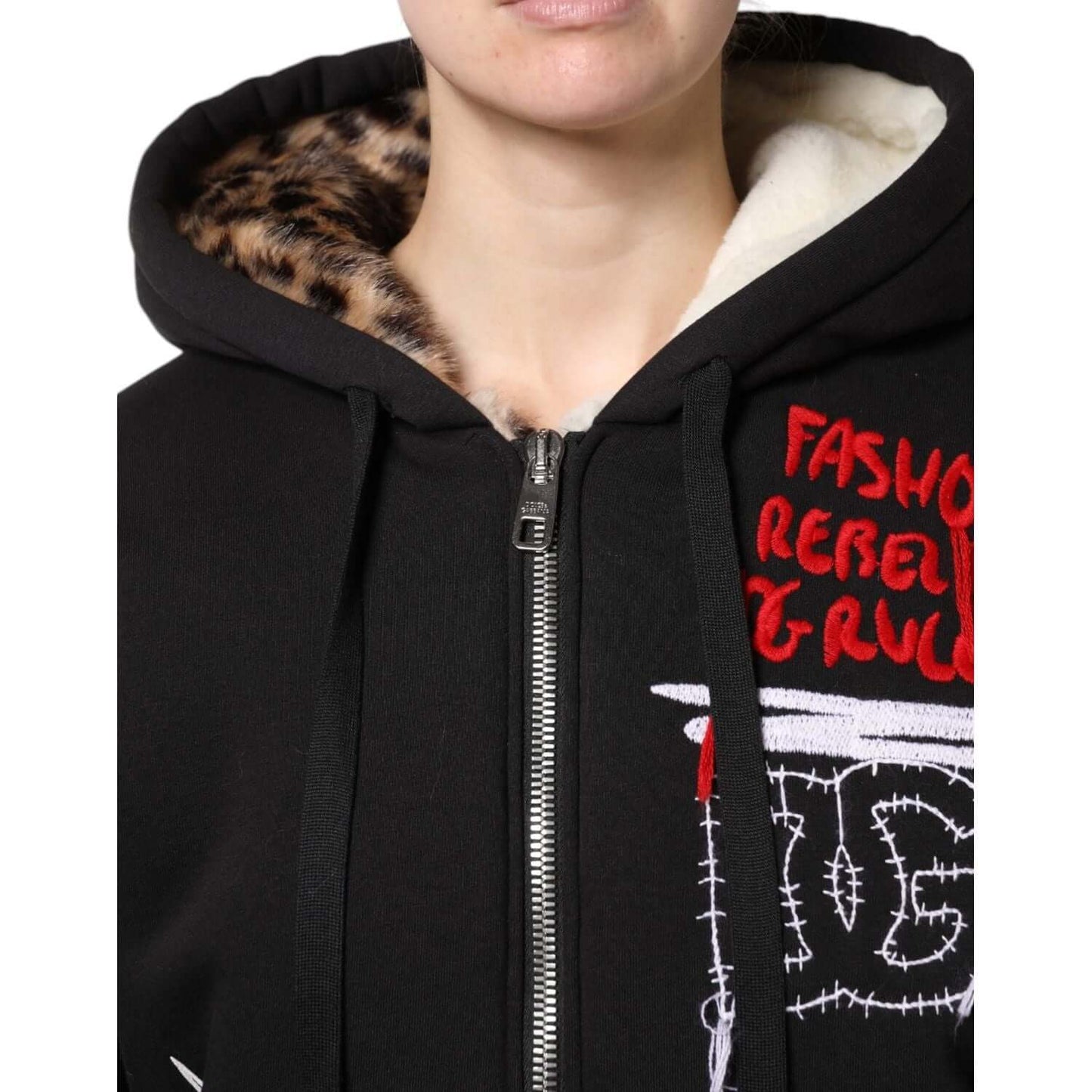 Dolce & Gabbana black hooded jacket with embroidery, full zip, 100% cotton, fashionable design, made in Italy, leopard print lining.