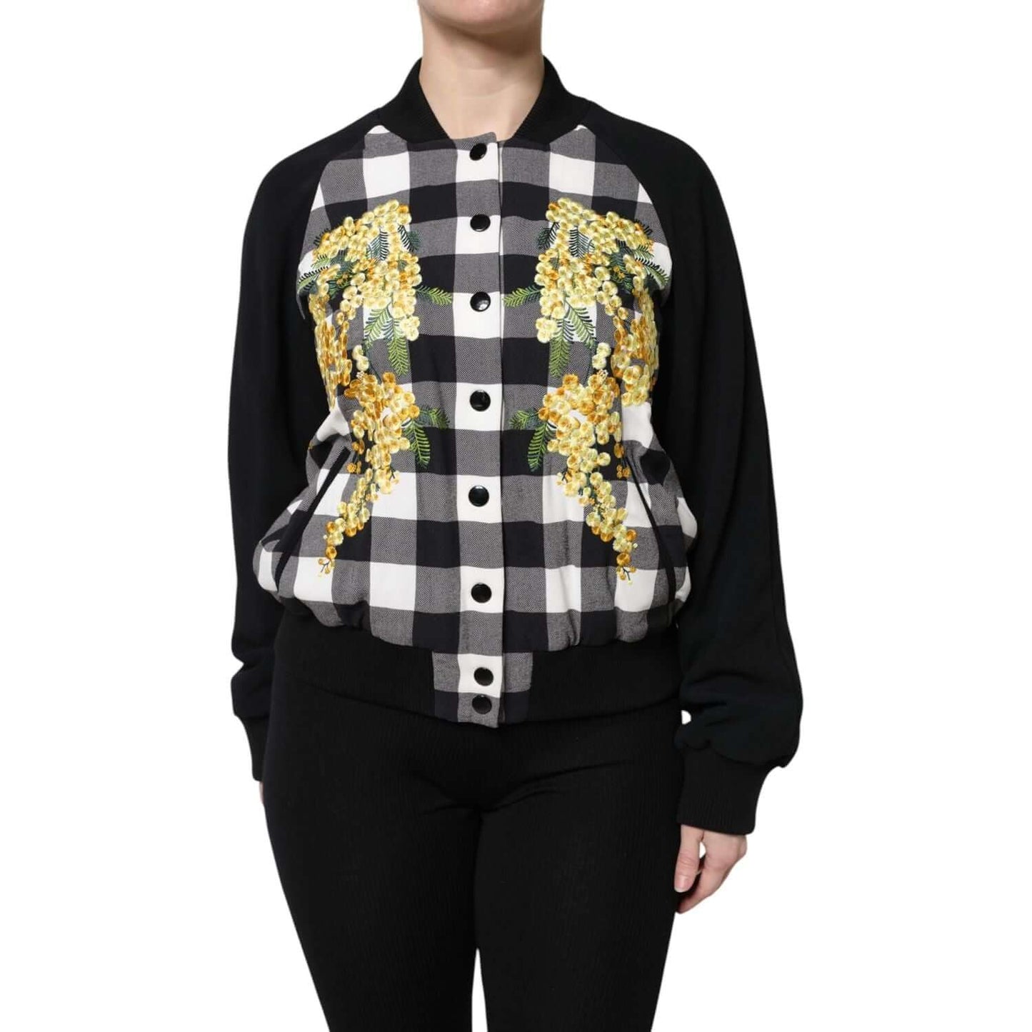 Dolce & Gabbana black and white check floral button-down jacket, women's fashion, high craftsmanship, exclusive design, made in Italy.