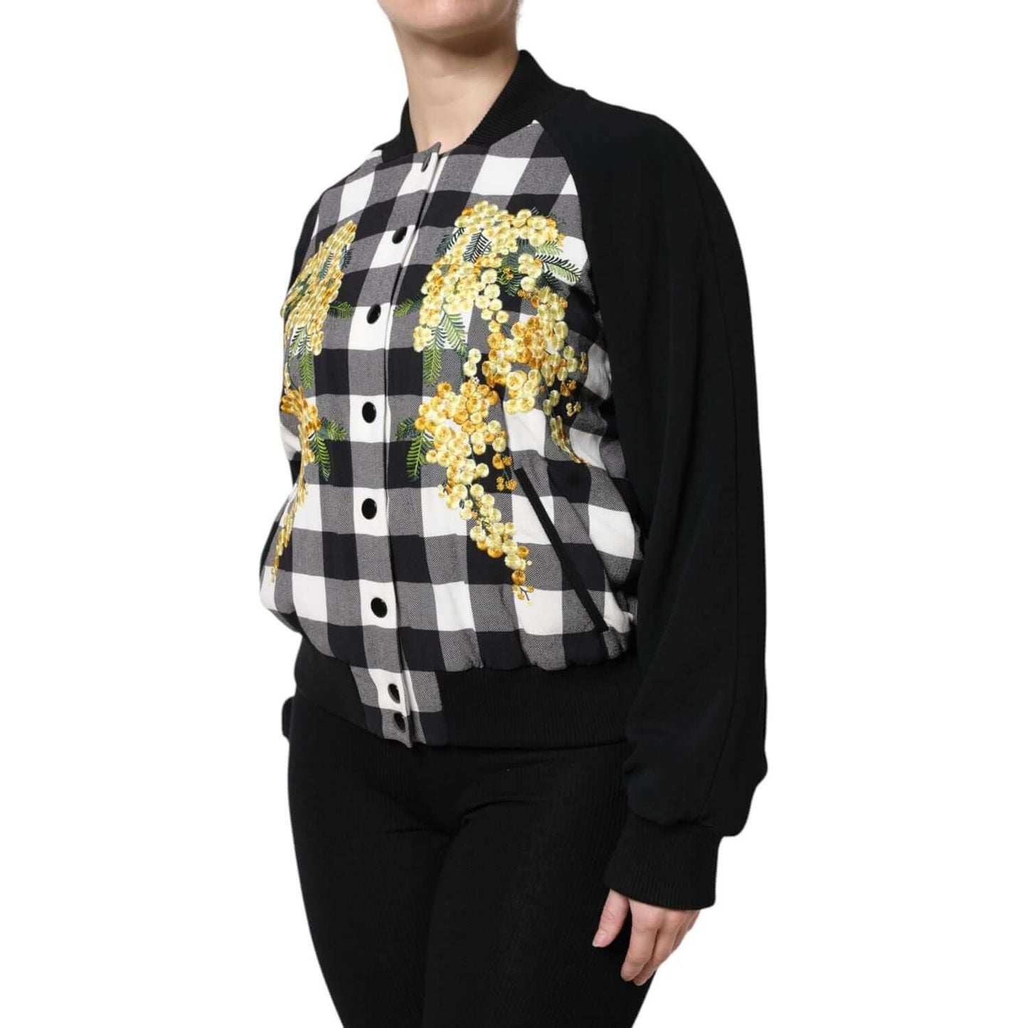 Dolce & Gabbana black and white check floral button down jacket with yellow flowers, model wearing front view. High craftsmanship fashion.