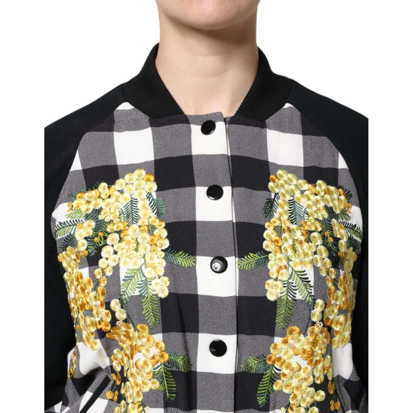 Dolce & Gabbana black and white check floral button down jacket with yellow floral embroidery, regular fit, made in Italy.