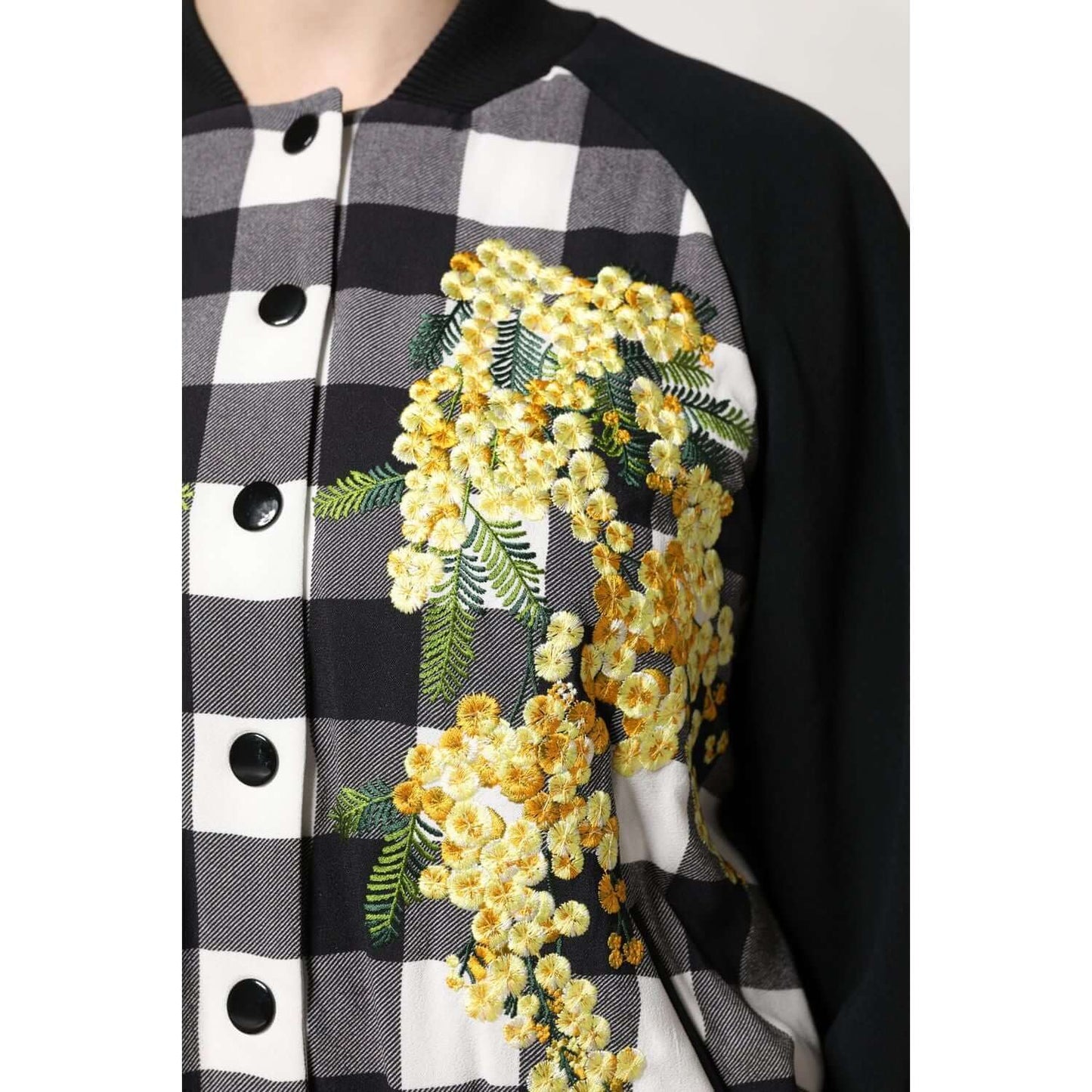 Dolce & Gabbana black and white checkered floral button-down jacket with yellow floral embroidery, crafted in Italy with luxurious materials.