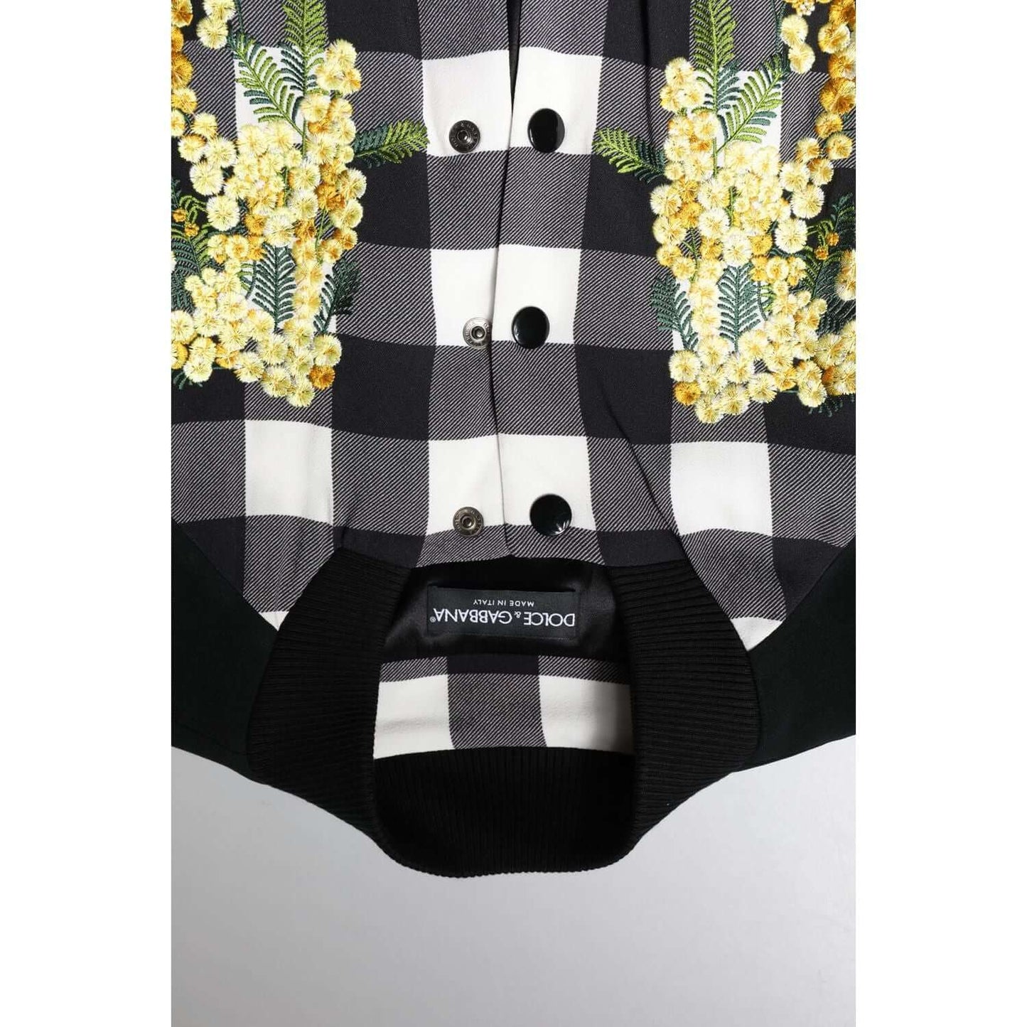 Dolce & Gabbana black and white checkered floral button down jacket with yellow floral embroidery, made in Italy.