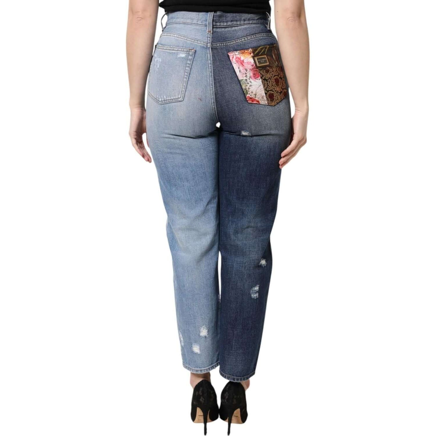 Back view of Dolce & Gabbana multicolor patchwork high waist denim jeans with floral jacquard detail, regular fit.
