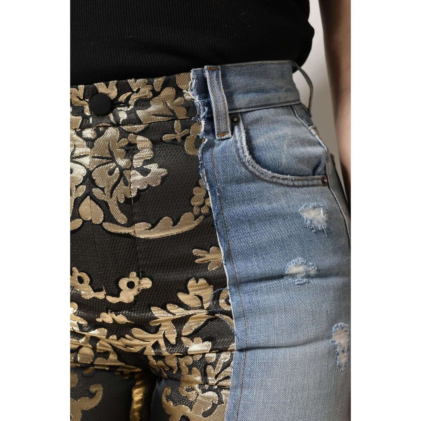 Dolce & Gabbana multicolor patchwork high waist denim jeans with floral jacquard design, close-up view.