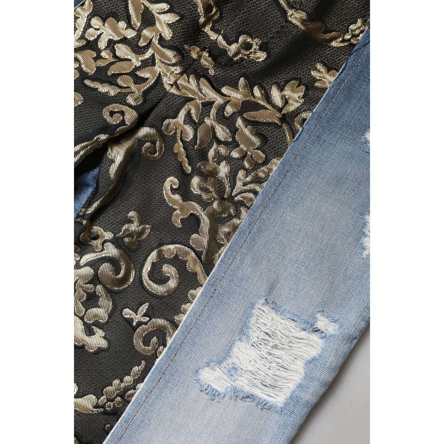 Dolce & Gabbana multicolor patchwork high waist denim jeans with floral jacquard design and distressed detail, made in Italy.
