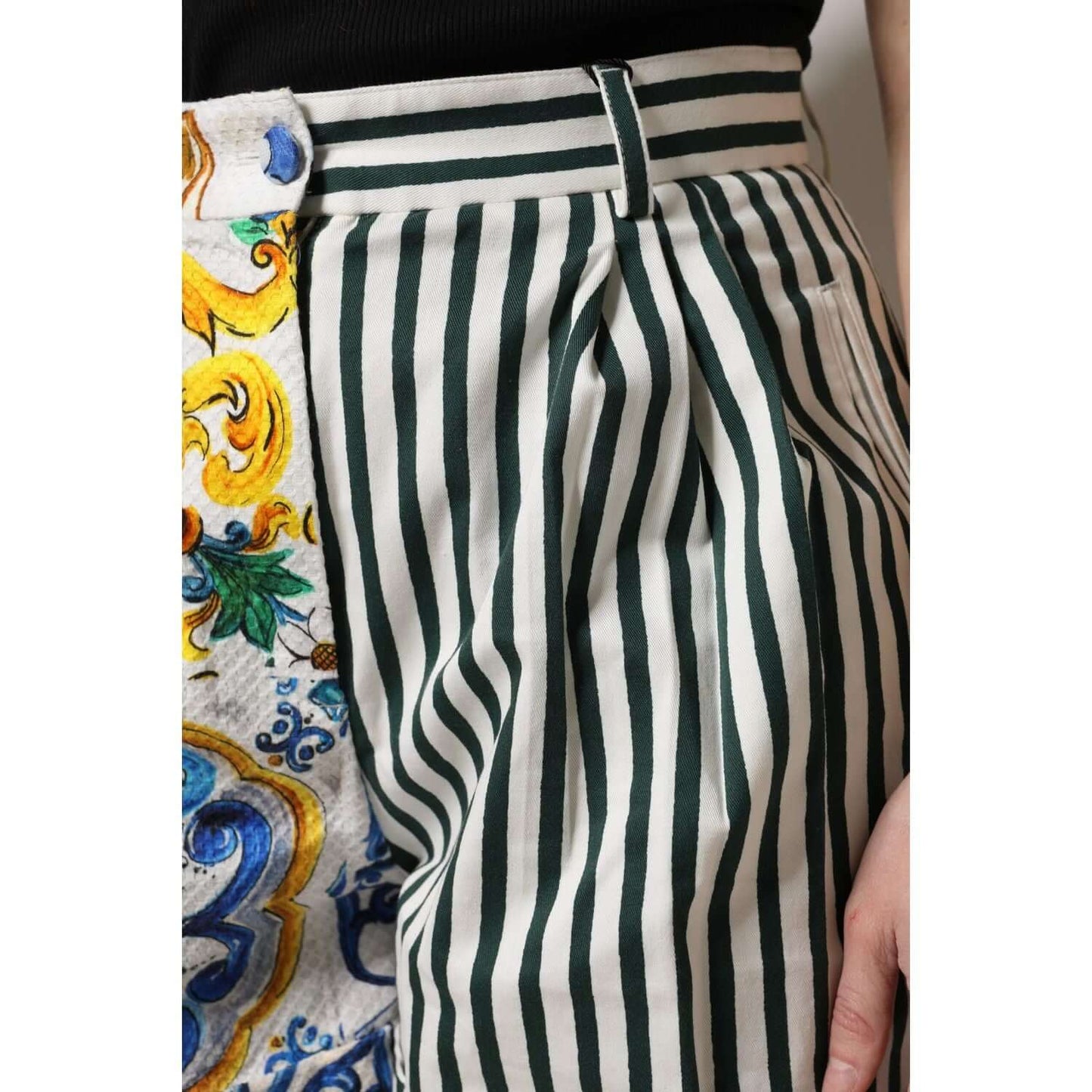 Dolce & Gabbana high waist shorts with multicolor majolica print and stripes, featuring button closure and logo, made in Italy.