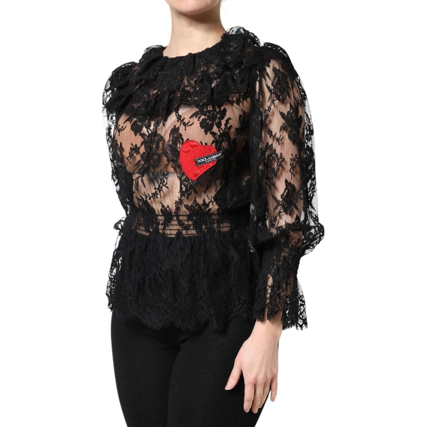 Dolce & Gabbana black floral lace blouse with long sleeves, red heart detail, made of cotton, ramie, and nylon. Elegant women's top.