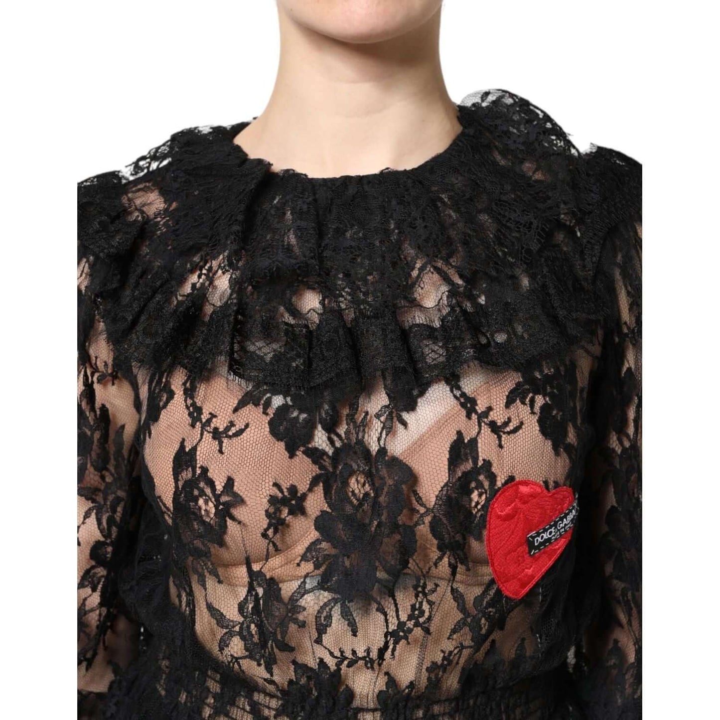 Dolce & Gabbana black floral lace blouse with heart logo detail, long sleeves, cotton blend, women's fashion, high craftsmanship