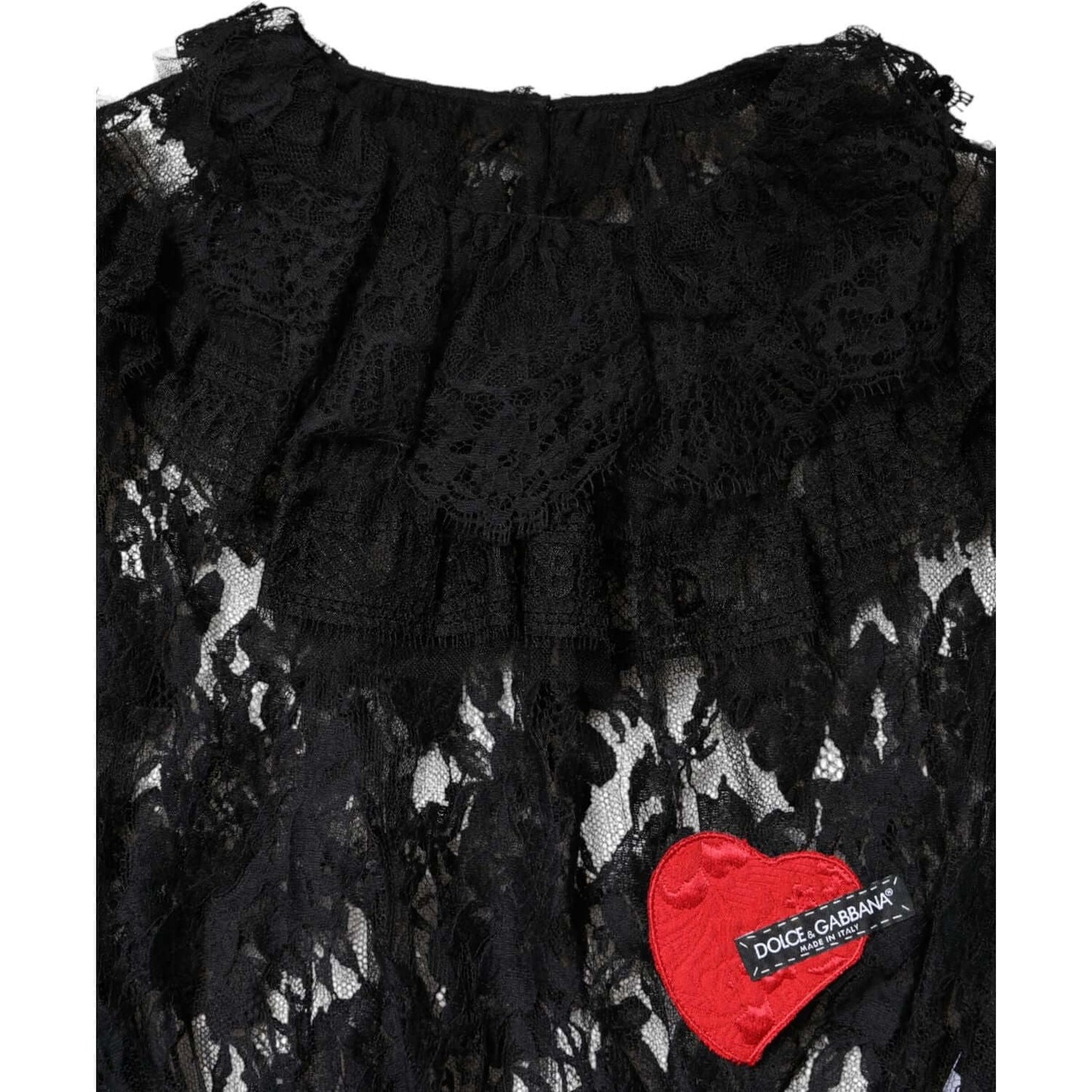 Dolce & Gabbana black cotton floral lace blouse with red heart and logo detail, showcasing luxury Italian craftsmanship.