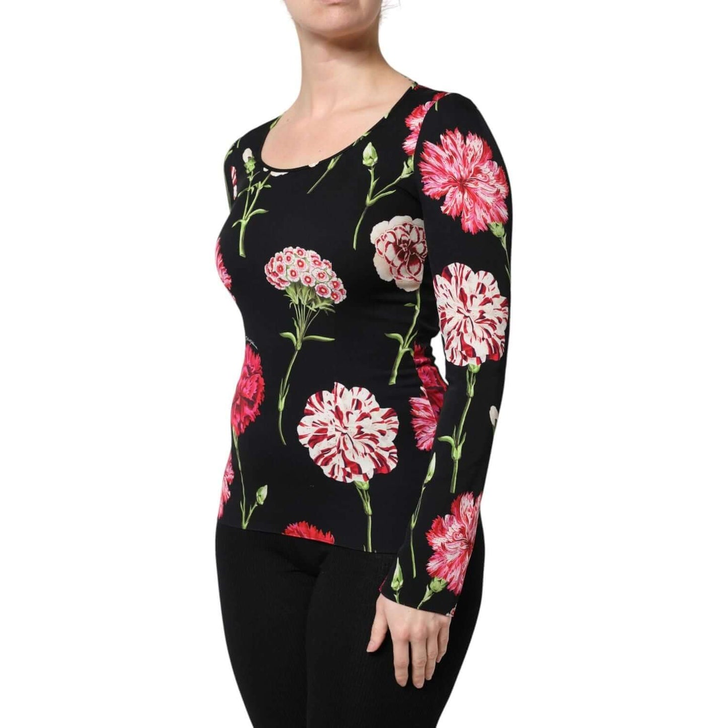 Dolce & Gabbana black floral long sleeve blouse, featuring pink and red flowers, made of silk and elastane. High-end women's fashion.