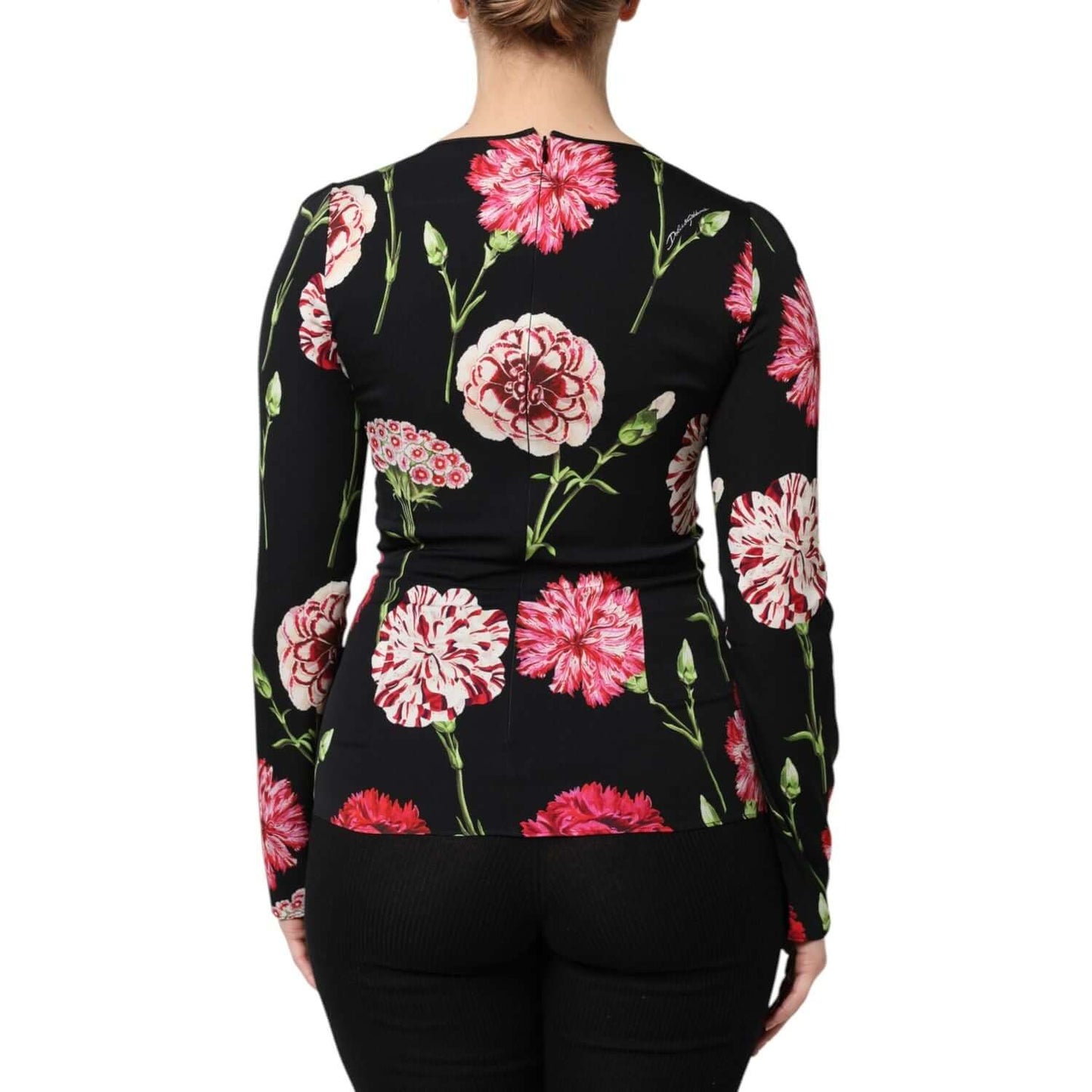 Dolce & Gabbana black floral long sleeve women blouse, silk blend, back view with pink flower pattern, high craftsmanship.