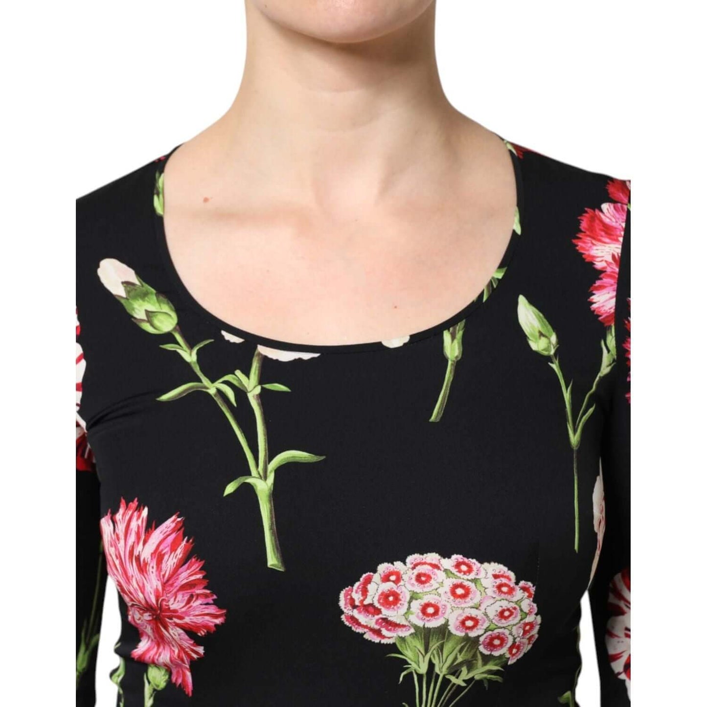 Dolce & Gabbana black floral long sleeve women's blouse with pink and green botanical design, scoop neckline.
