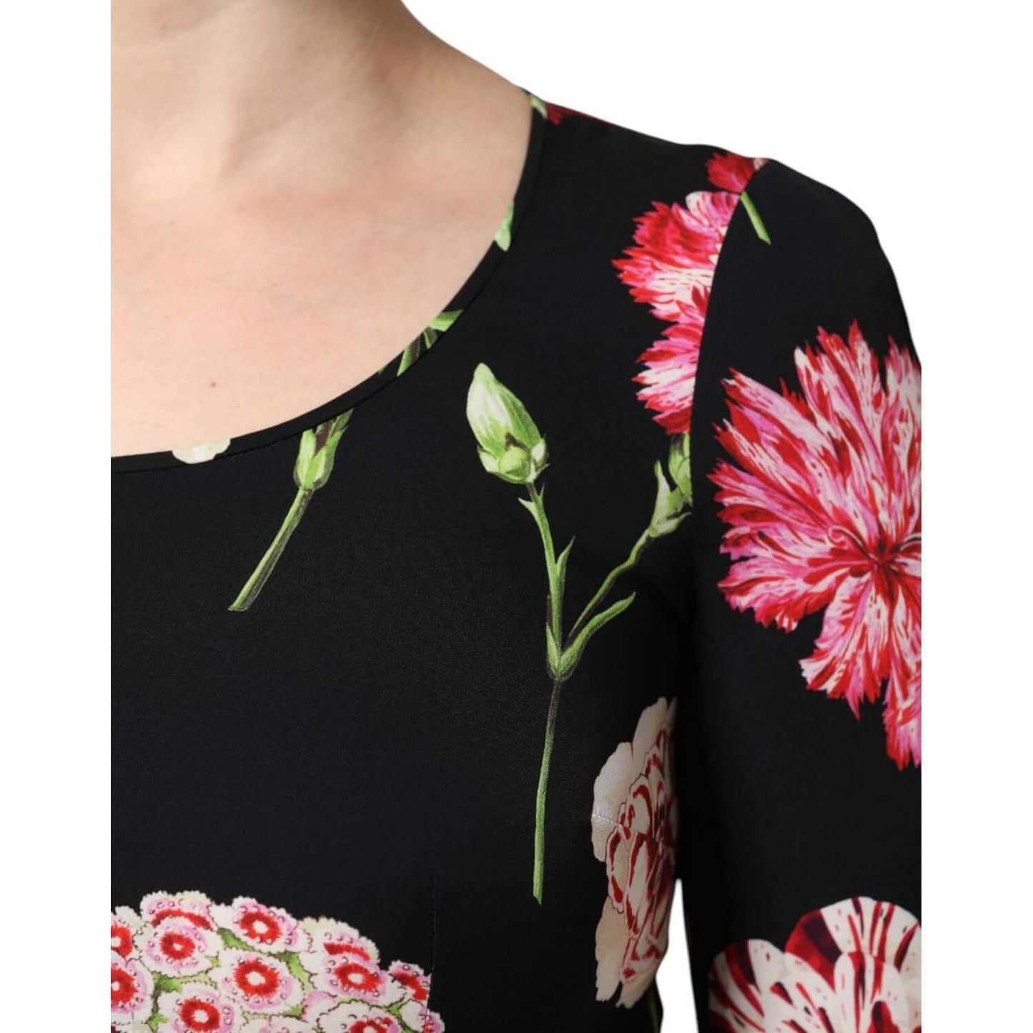 Dolce & Gabbana black floral silk long sleeve blouse, close-up of colorful flower details on fabric.
