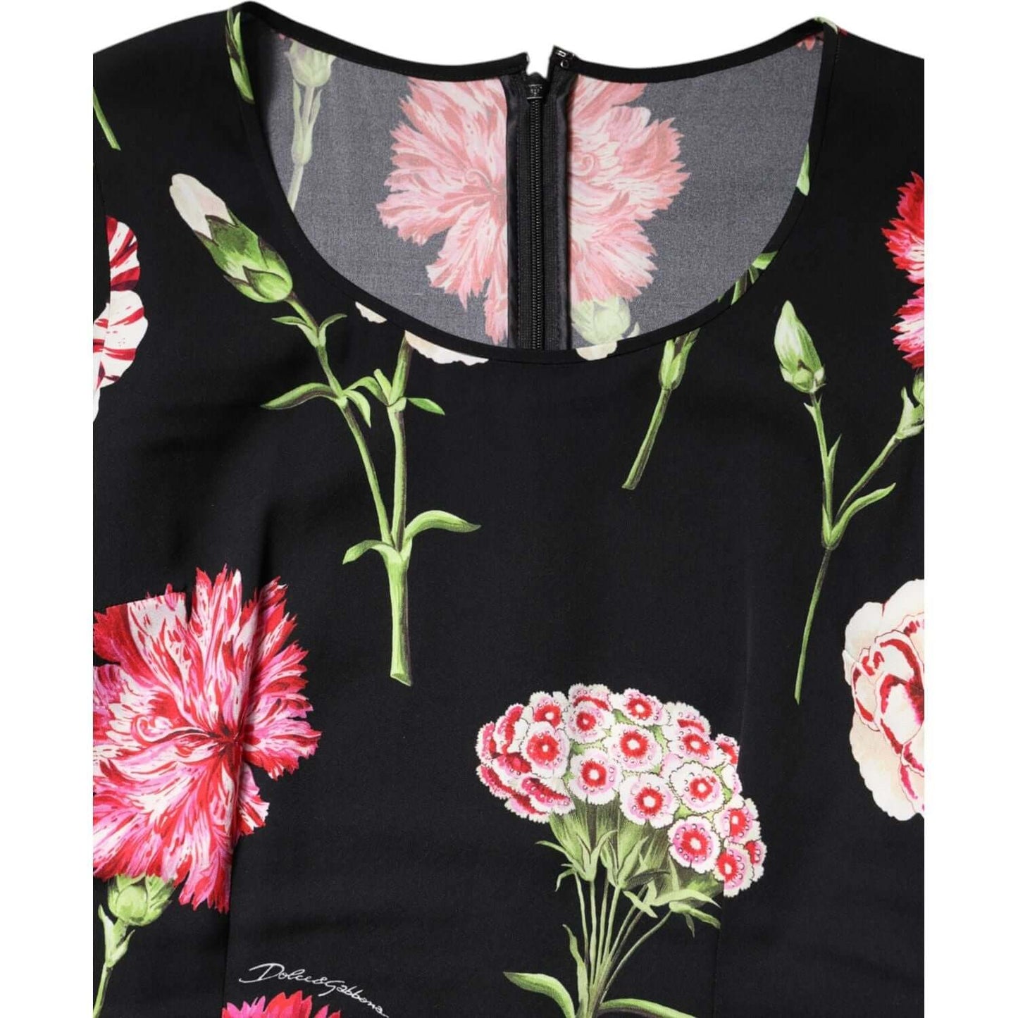 Dolce & Gabbana black floral long sleeve blouse top with zipper closure, made in Italy, featuring pink and white flowers, 92% silk.