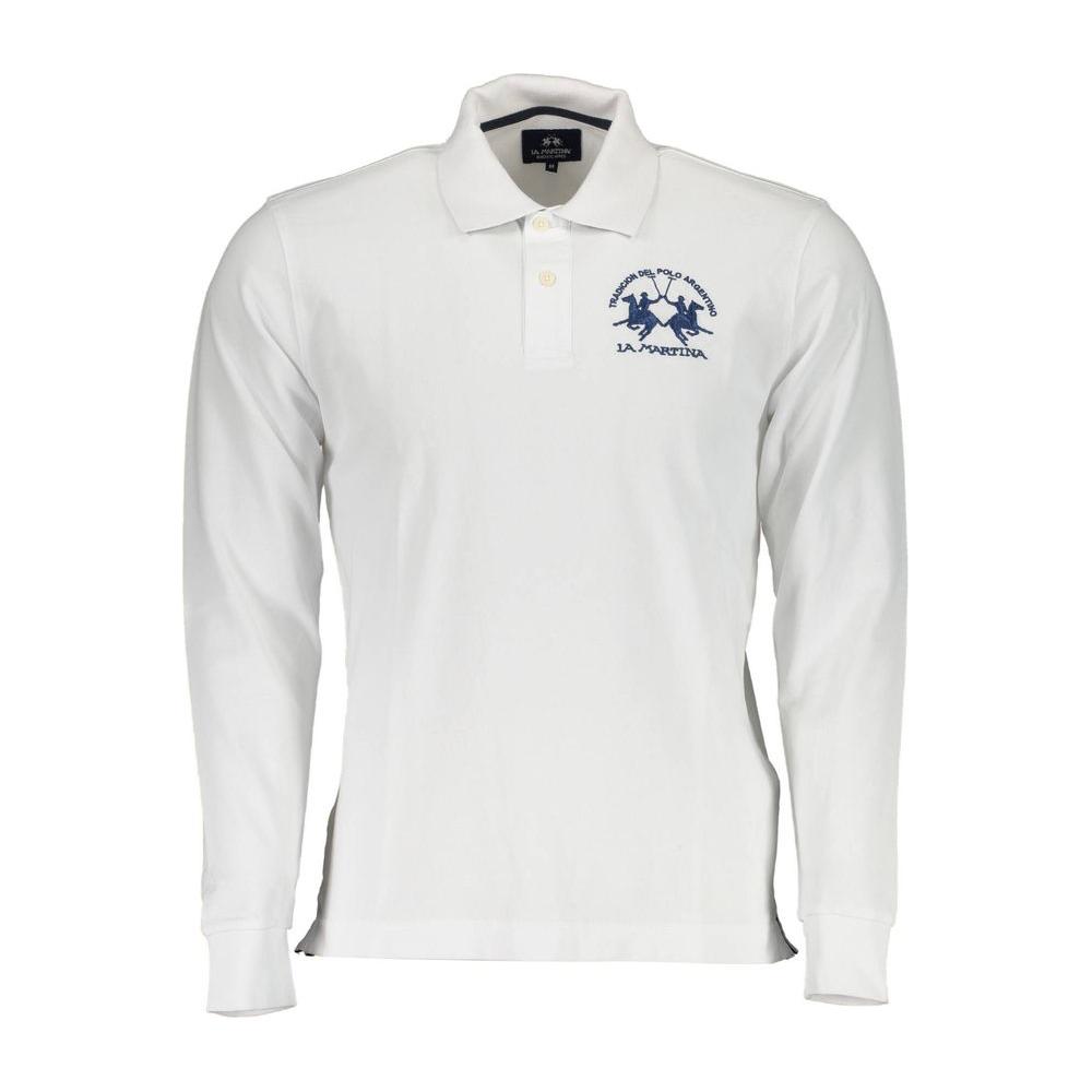 La Martina long-sleeved polo shirt with contrast details and logo, 95% cotton, 5% elastane, classic 2-button placket, elegant style.
