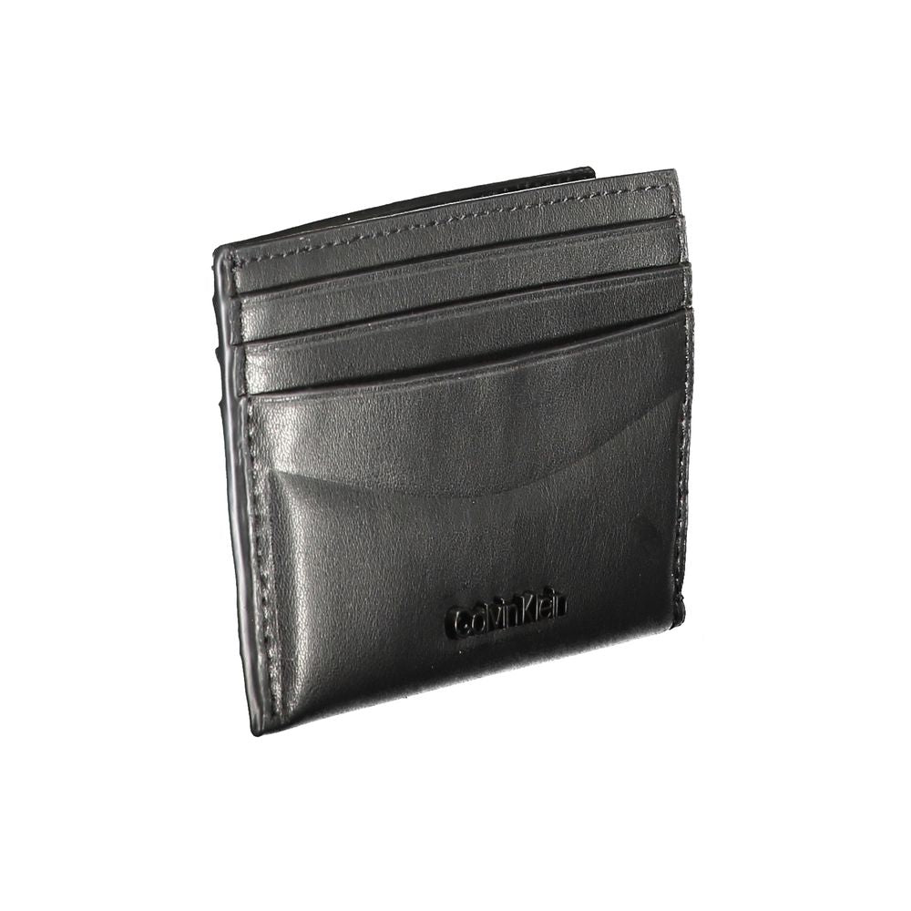 Calvin Klein black leather wallet with card holder, double card slots, central pocket, and contrast details featuring logo.