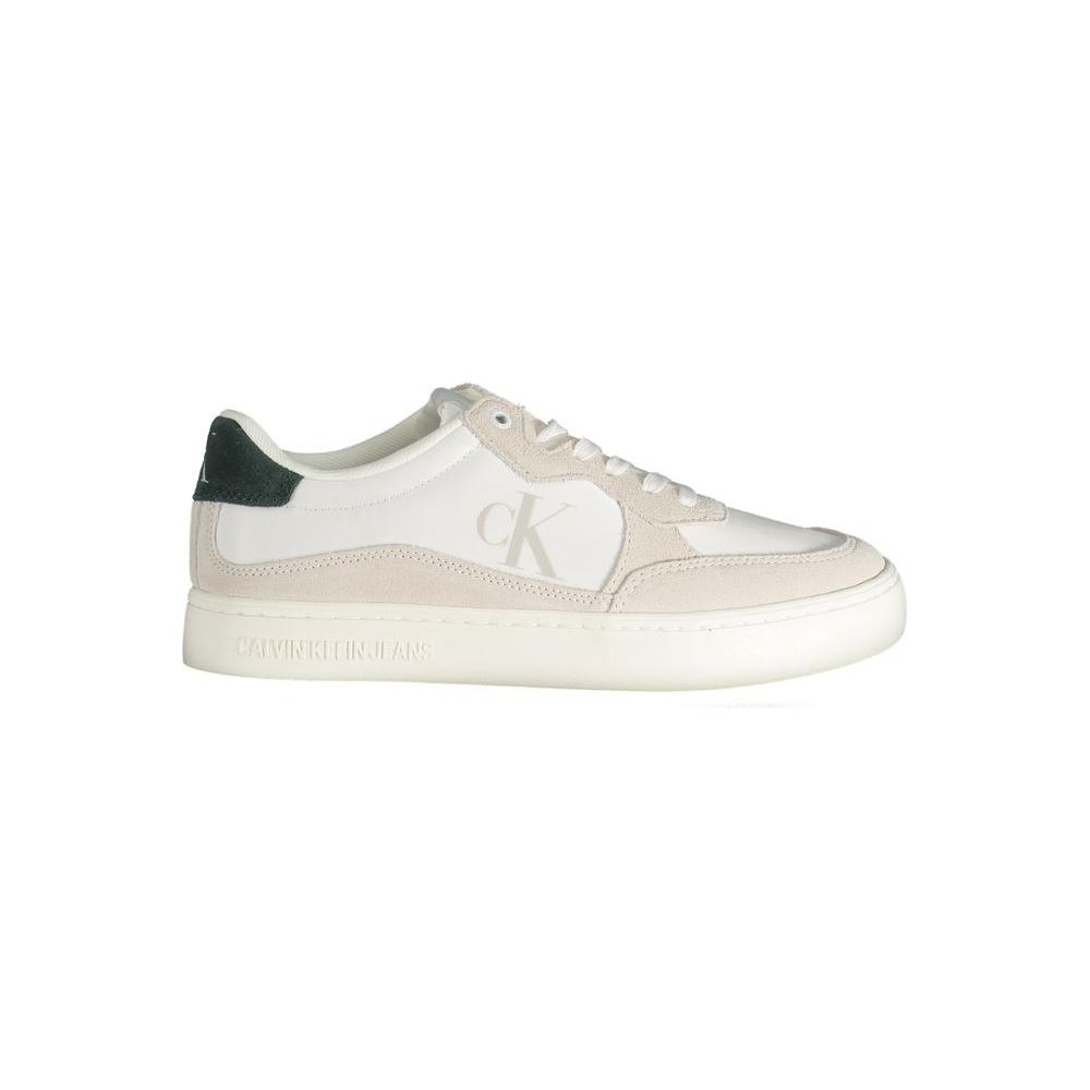 Calvin Klein white leather men's sneaker with lace-up design, contrasting details, and eco-friendly materials featuring iconic logo.