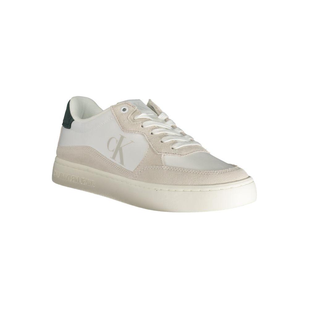 Calvin Klein white leather men's sneaker with eco-friendly design, lace-up, and iconic logo, blending style and sustainability.