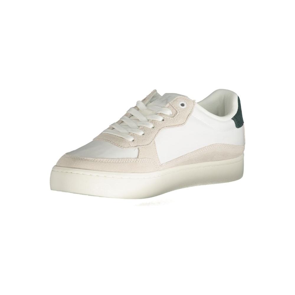 Calvin Klein white leather men's sneaker with lace-up design, contrasting details, and logo, crafted from 50% recycled materials.