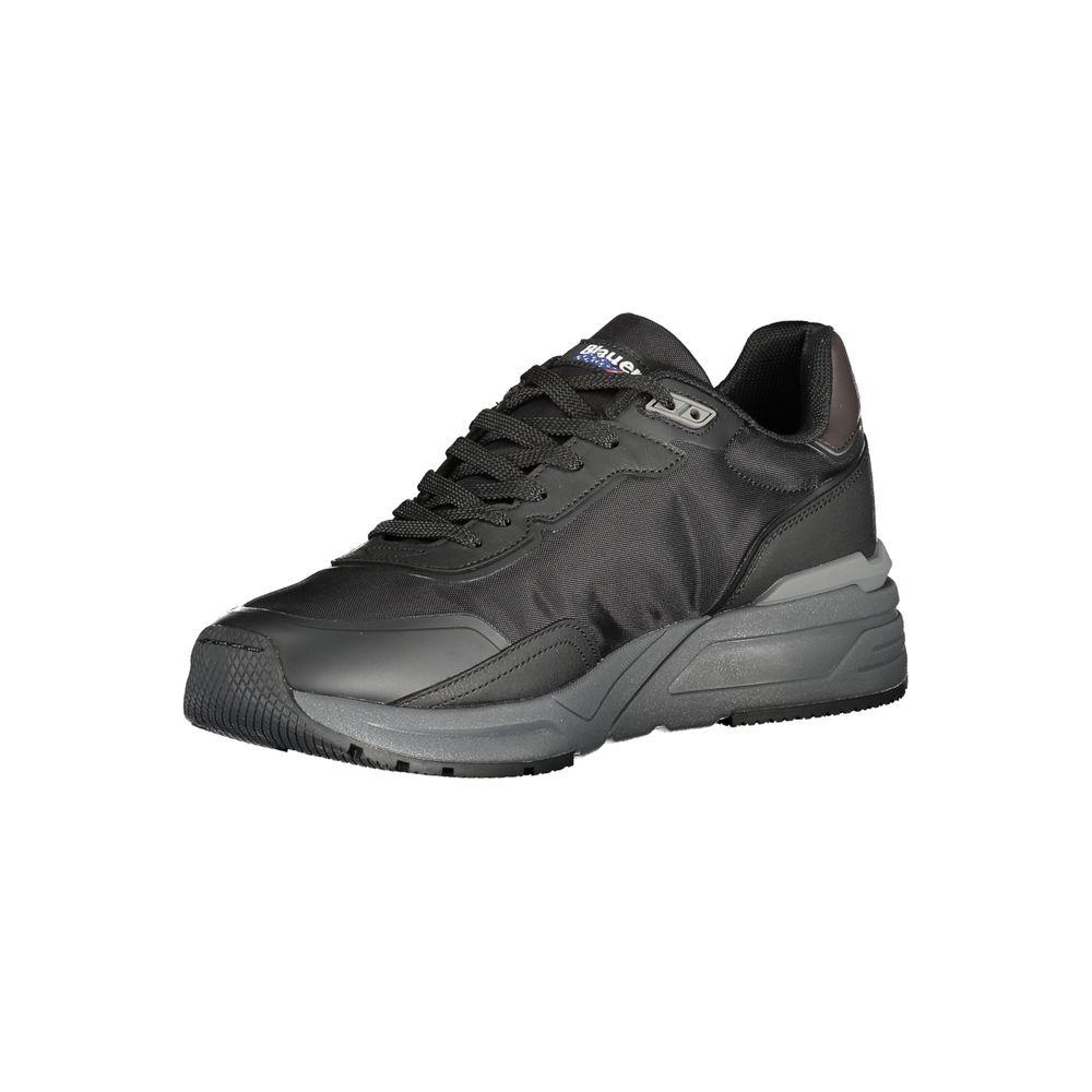 Blauer black polyester sneaker, sports shoe with laces, contrasting details, application, and logo visible.