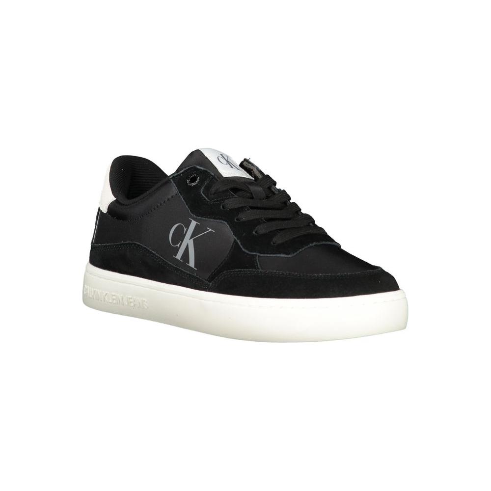 Calvin Klein black polyester men's sneaker with white sole and sleek design, featuring a recycled thermoplastic rubber construction.