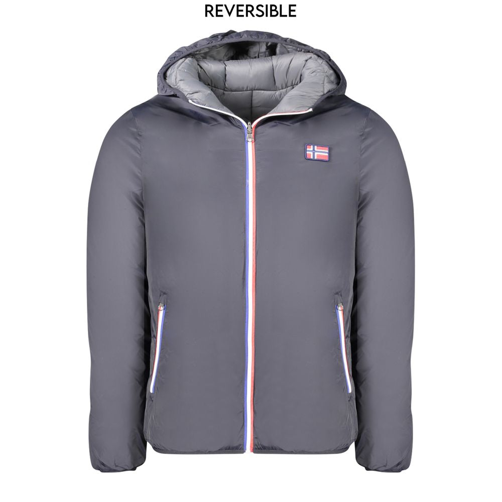 Reversible Norway 1963 black polyamide men's jacket with hood and pockets, showcasing a sleek design and grey flip side.