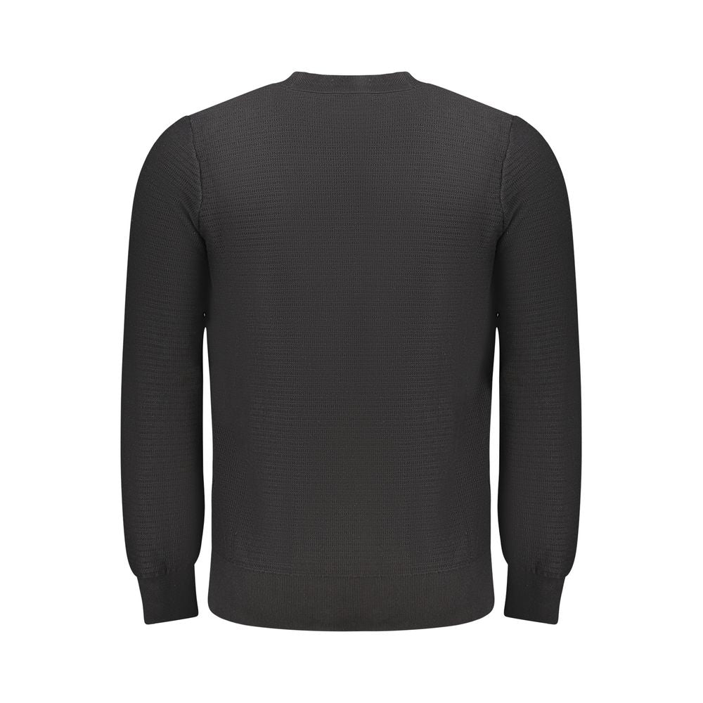Back view of Hugo Boss black cotton-cashmere men's sweater, featuring a classic crew neck and logo detailing for refined elegance.
