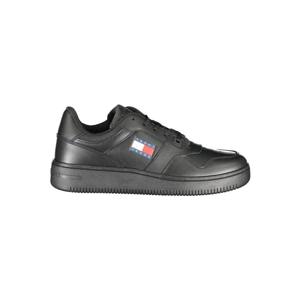 Tommy Hilfiger black polyester sneaker with laces, contrast details, and logo, showcasing stylish sports footwear design.